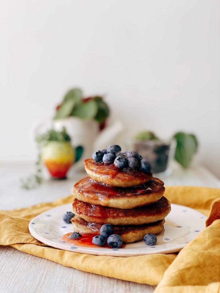 Stack of pancakes and blueberries