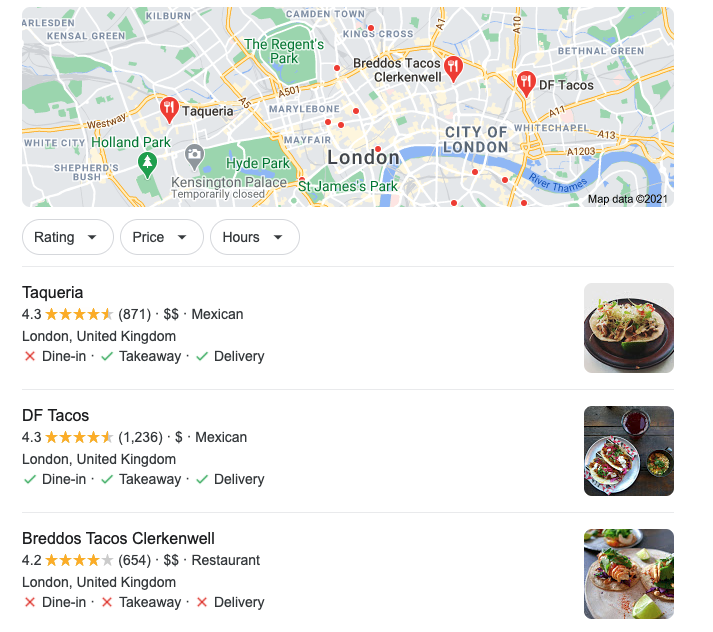 Example of Google Local 3-Pack for the search term "tacos in London"