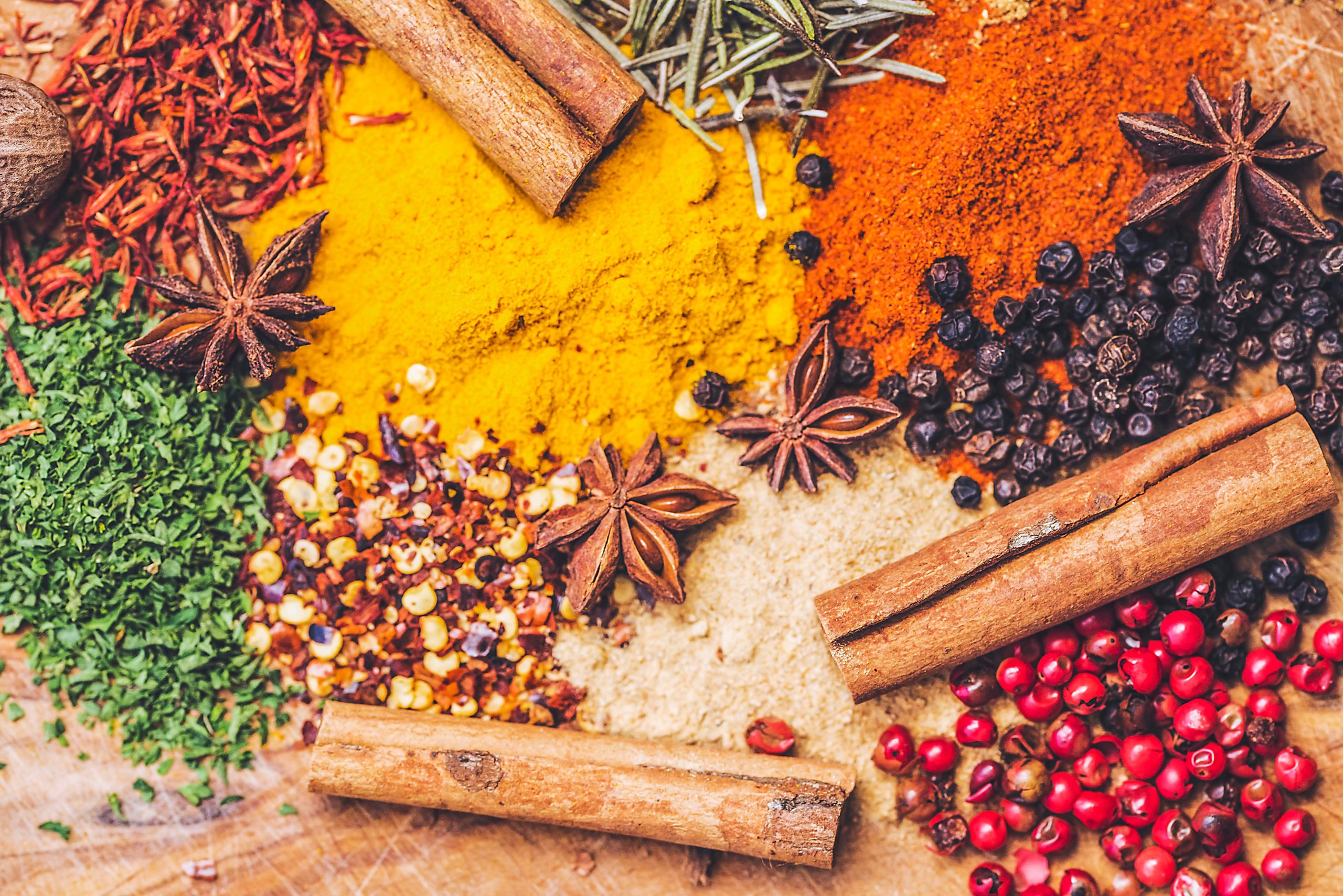 colourful spices from caribbean and asian cuisines